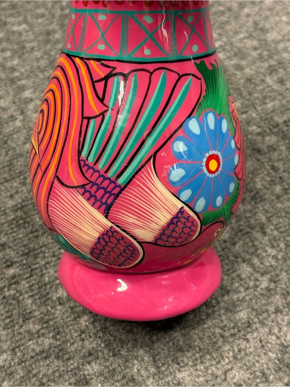 Hand Painted Pink Floral Bird Clay Folk Art Vase Made in Mexico